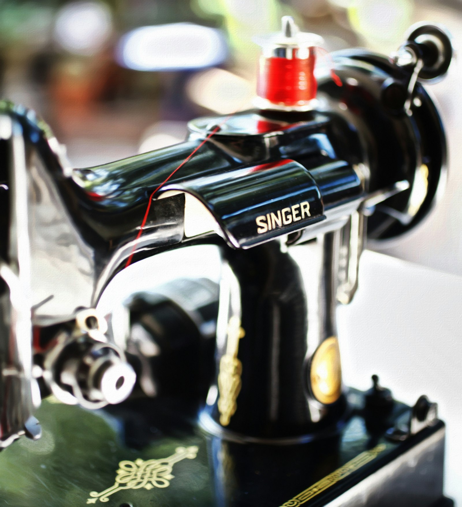 Close-up of a vintage Singer sewing machine